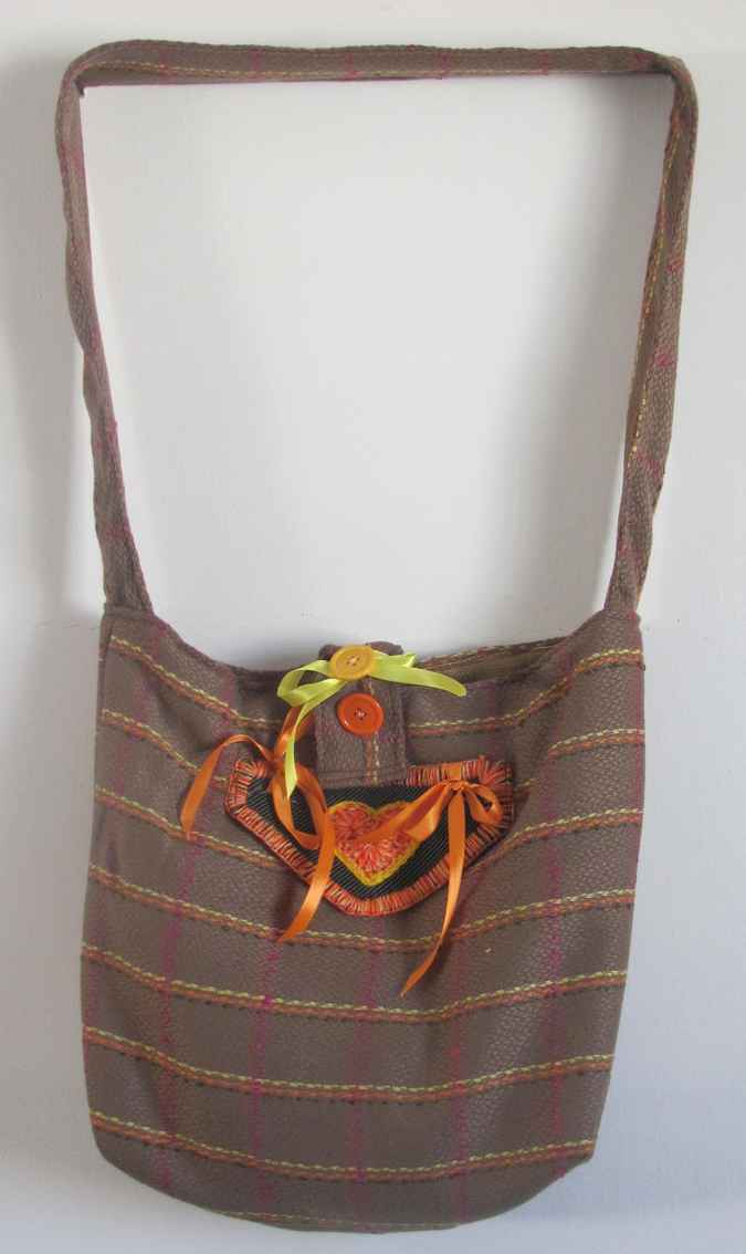 large image of art item: bag – stripes brown orange button ribbon