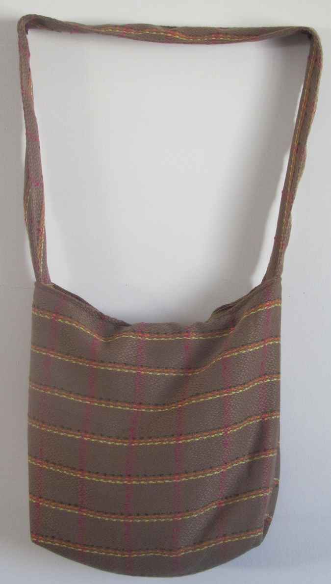 large image of art item: bag – stripes brown orange button ribbon