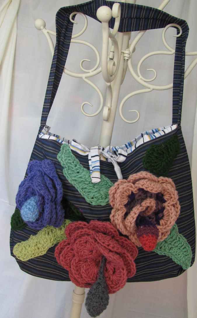 large image of art item: bag – stripes crochet flowers