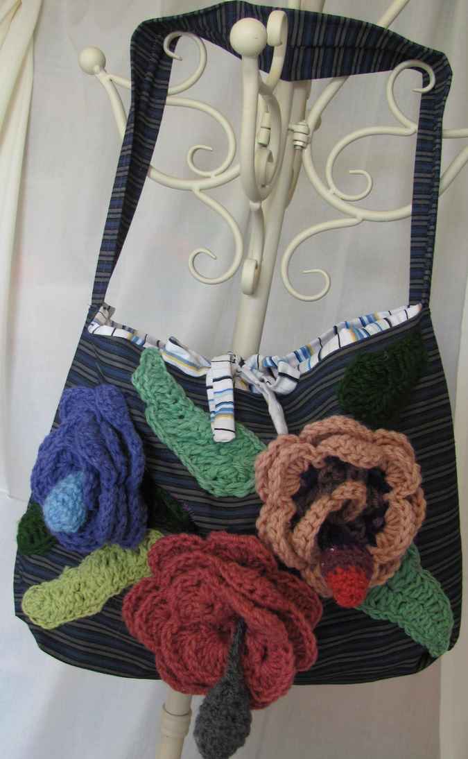 large image of art item: bag – stripes crochet flowers