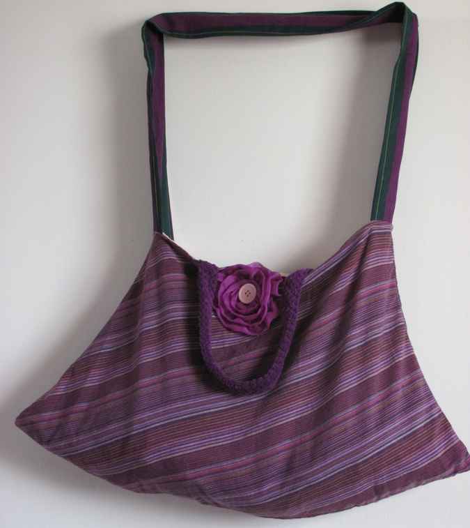 large image of art item: bag – stripes purple with flower and button