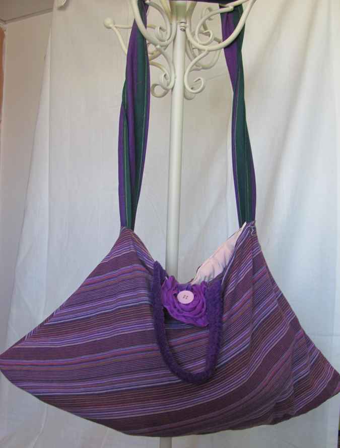large image of art item: bag – stripes purple with flower and button