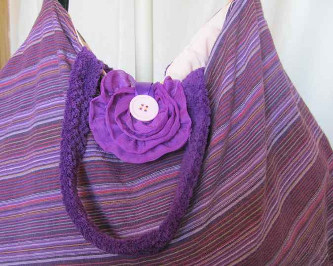 large image of art item: bag – stripes purple with flower and button