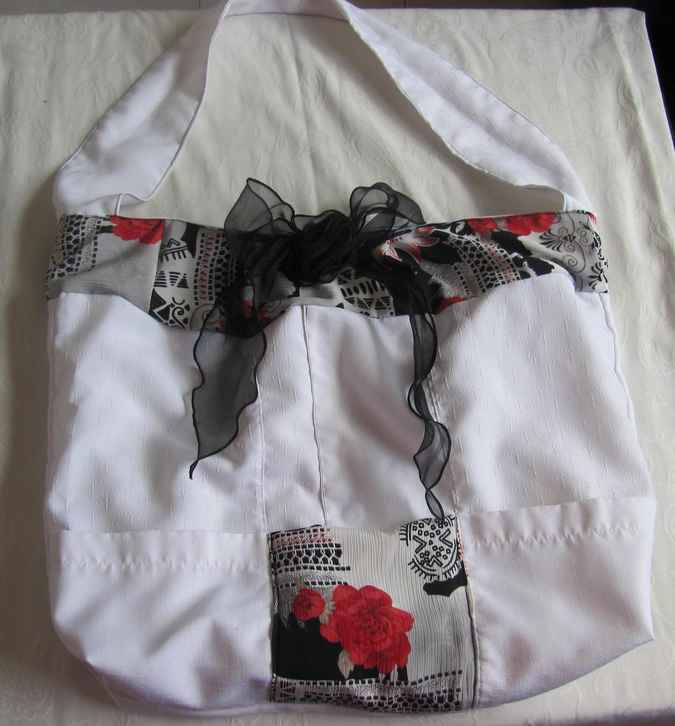 large image of art item: bag – white flower red ribbon black