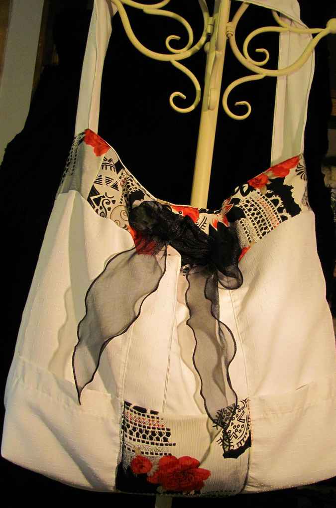 large image of art item: bag – white flower red ribbon black