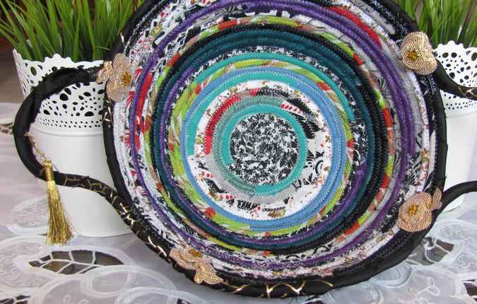 large image of art item: basket – apples cyan black green patterns