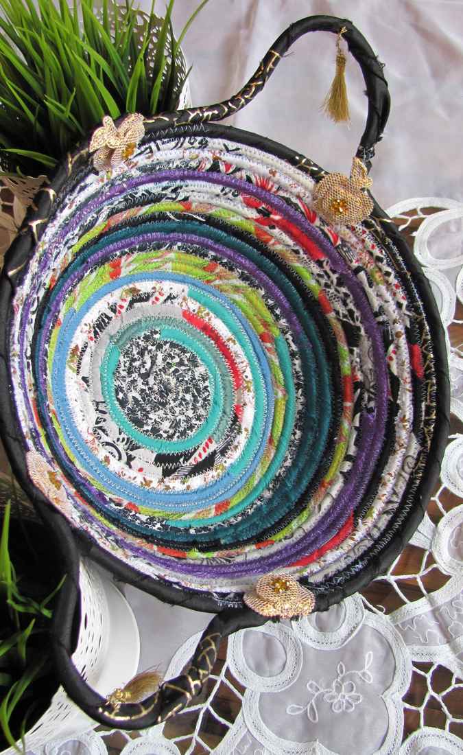large image of art item: basket – apples cyan black green patterns