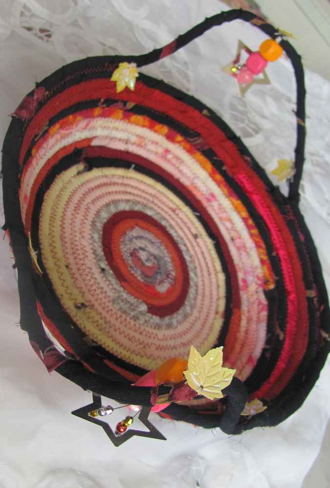 large image of art item: basket – black red pink with autumn maple leaves