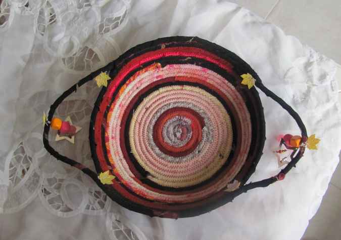 large image of art item: basket – black red pink with autumn maple leaves