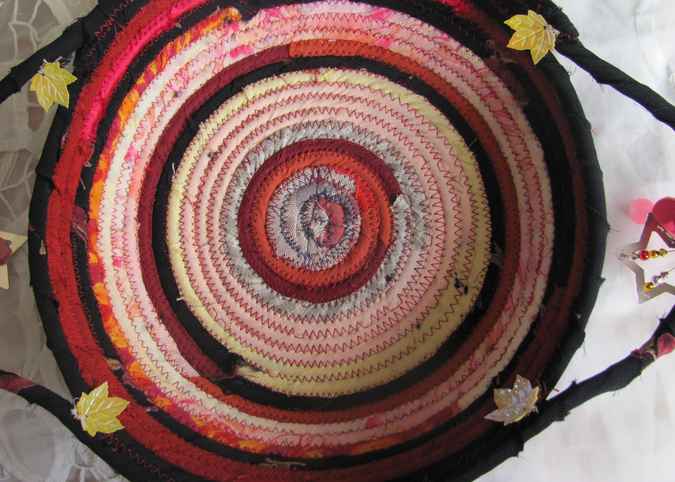 large image of art item: basket – black red pink with autumn maple leaves