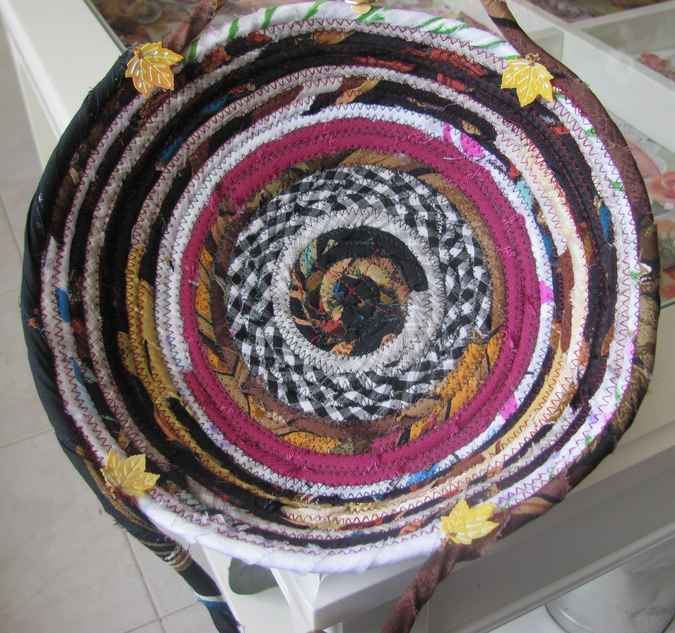large image of art item: basket – checkered purple browns with maple leaves