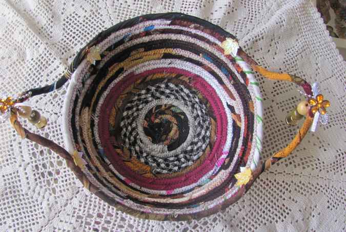 large image of art item: basket – checkered purple browns with maple leaves