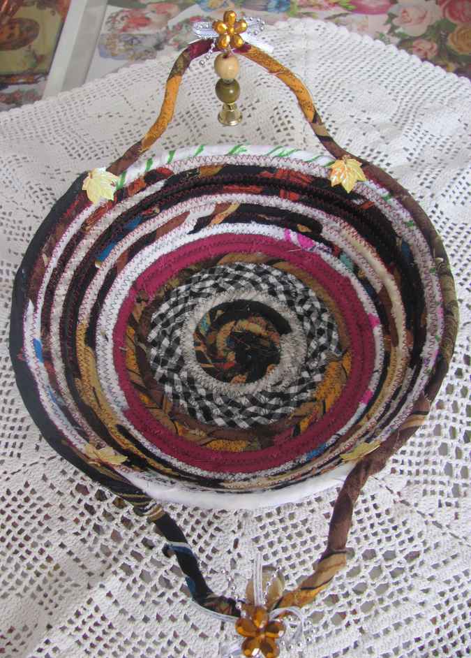 large image of art item: basket – checkered purple browns with maple leaves