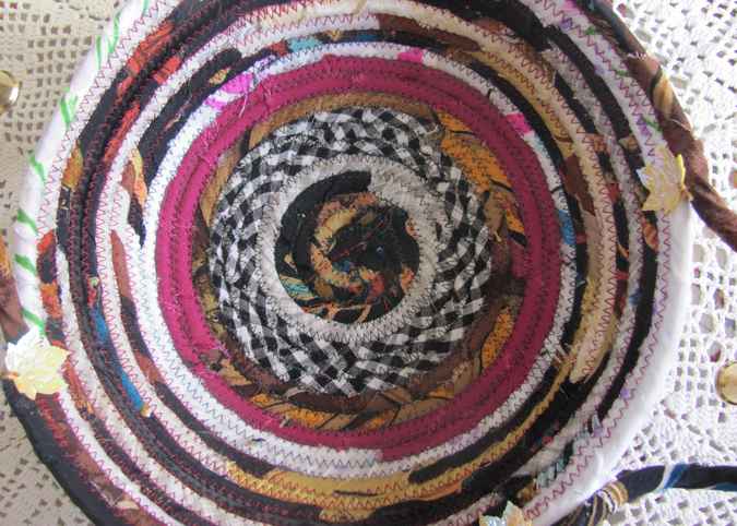 large image of art item: basket – checkered purple browns with maple leaves