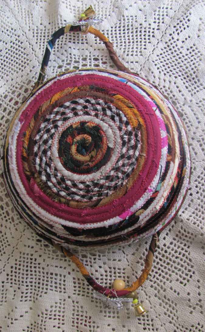 large image of art item: basket – checkered purple browns with maple leaves
