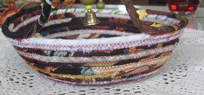 large image of art item: basket – checkered purple browns with maple leaves