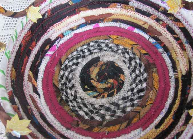 large image of art item: basket – checkered purple browns with maple leaves