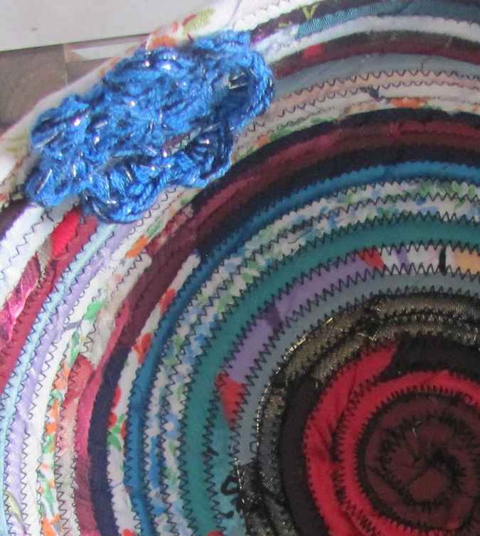 large image of art item: basket – crochet flowers cyan crimson