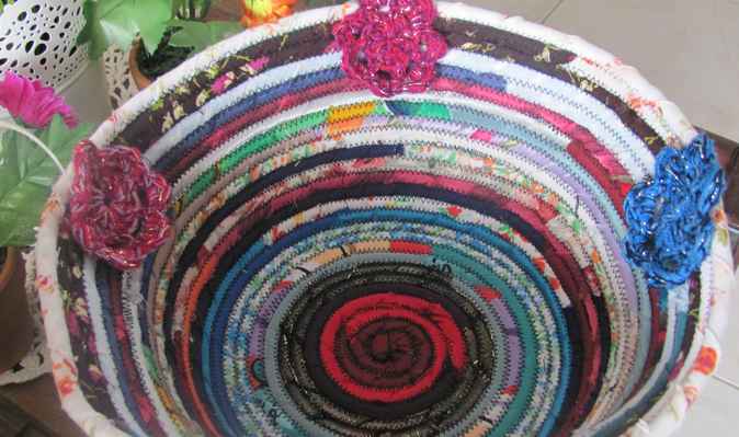 large image of art item: basket – crochet flowers cyan crimson