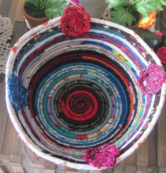 large image of art item: basket – crochet flowers cyan crimson