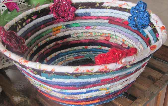 large image of art item: basket – crochet flowers cyan crimson