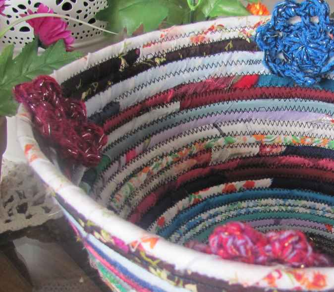 large image of art item: basket – crochet flowers cyan crimson