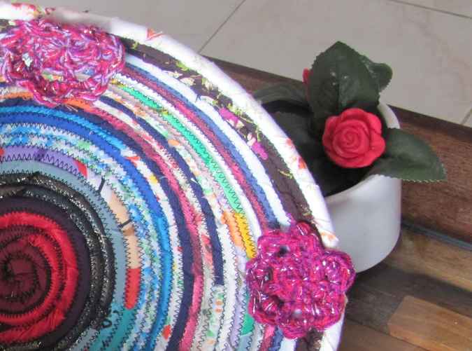 large image of art item: basket – crochet flowers cyan crimson