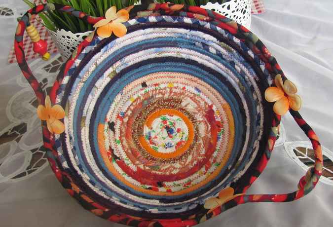 large image of art item: basket – flowers peach orange blue cyan