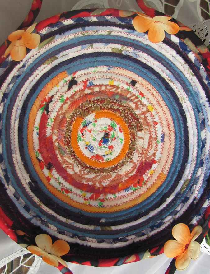 large image of art item: basket – flowers peach orange blue cyan