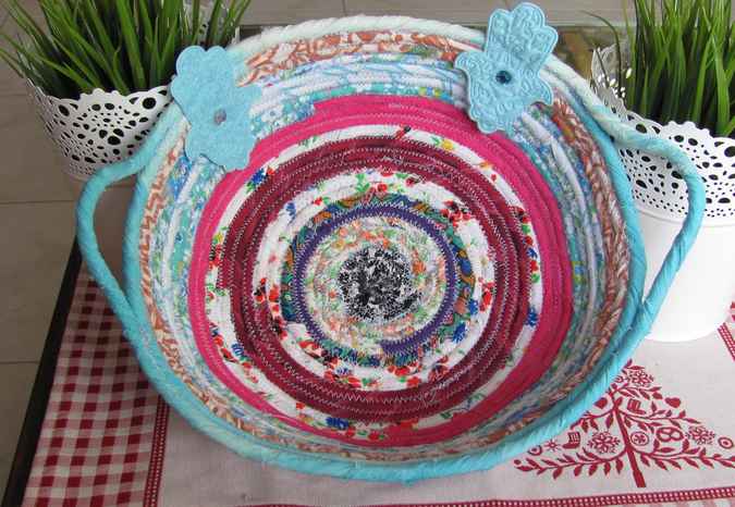 large image of art item: basket – hamsa cyan pink red