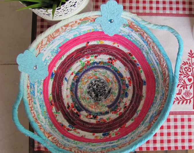large image of art item: basket – hamsa cyan pink red