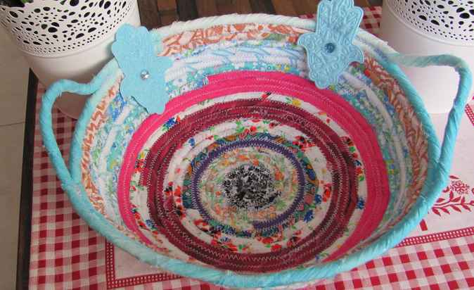 large image of art item: basket – hamsa cyan pink red