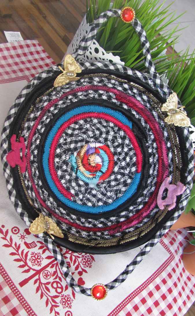 large image of art item: basket – horses butterflies checkered