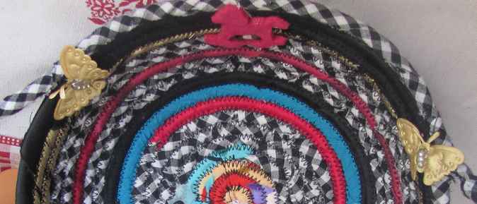 large image of art item: basket – horses butterflies checkered