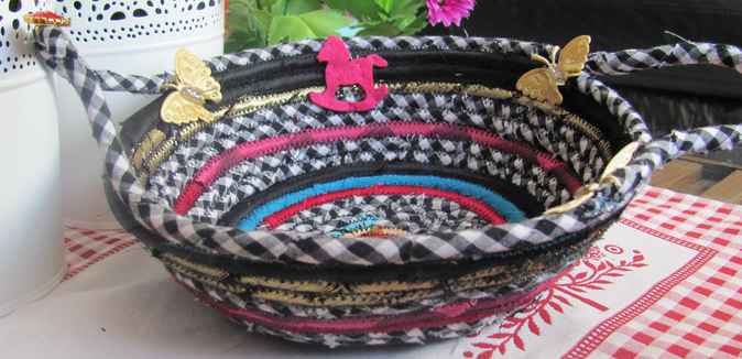 large image of art item: basket – horses butterflies checkered