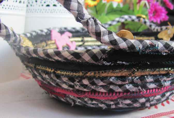 large image of art item: basket – horses butterflies checkered