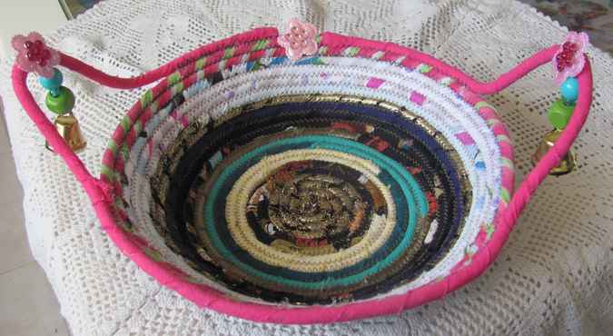 large image of art item: basket – pink white brown blue with beads and pink flowers