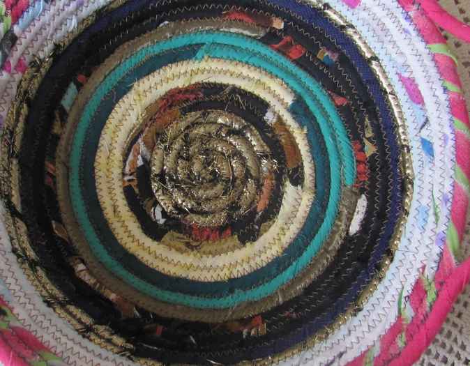 large image of art item: basket – pink white brown blue with beads and pink flowers