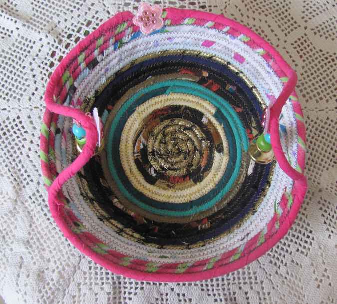large image of art item: basket – pink white brown blue with beads and pink flowers