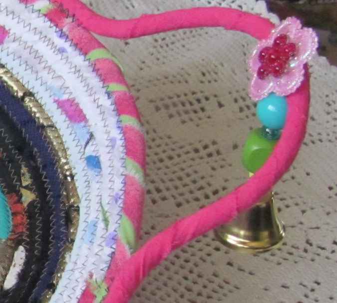 large image of art item: basket – pink white brown blue with beads and pink flowers