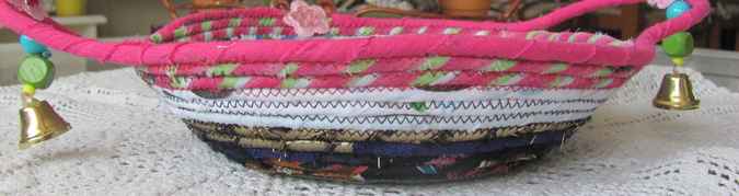 large image of art item: basket – pink white brown blue with beads and pink flowers
