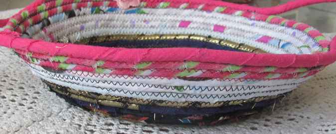 large image of art item: basket – pink white brown blue with beads and pink flowers