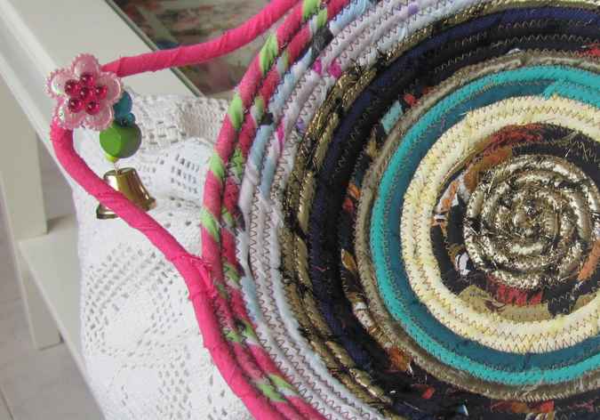 large image of art item: basket – pink white brown blue with beads and pink flowers