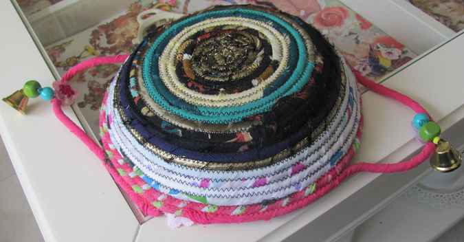 large image of art item: basket – pink white brown blue with beads and pink flowers