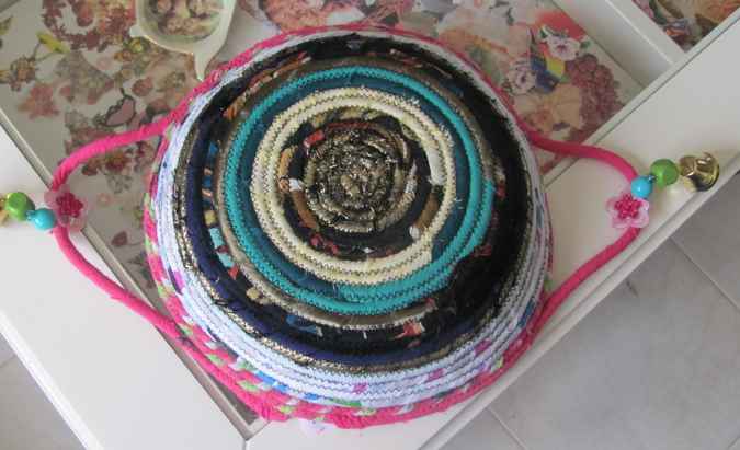 large image of art item: basket – pink white brown blue with beads and pink flowers