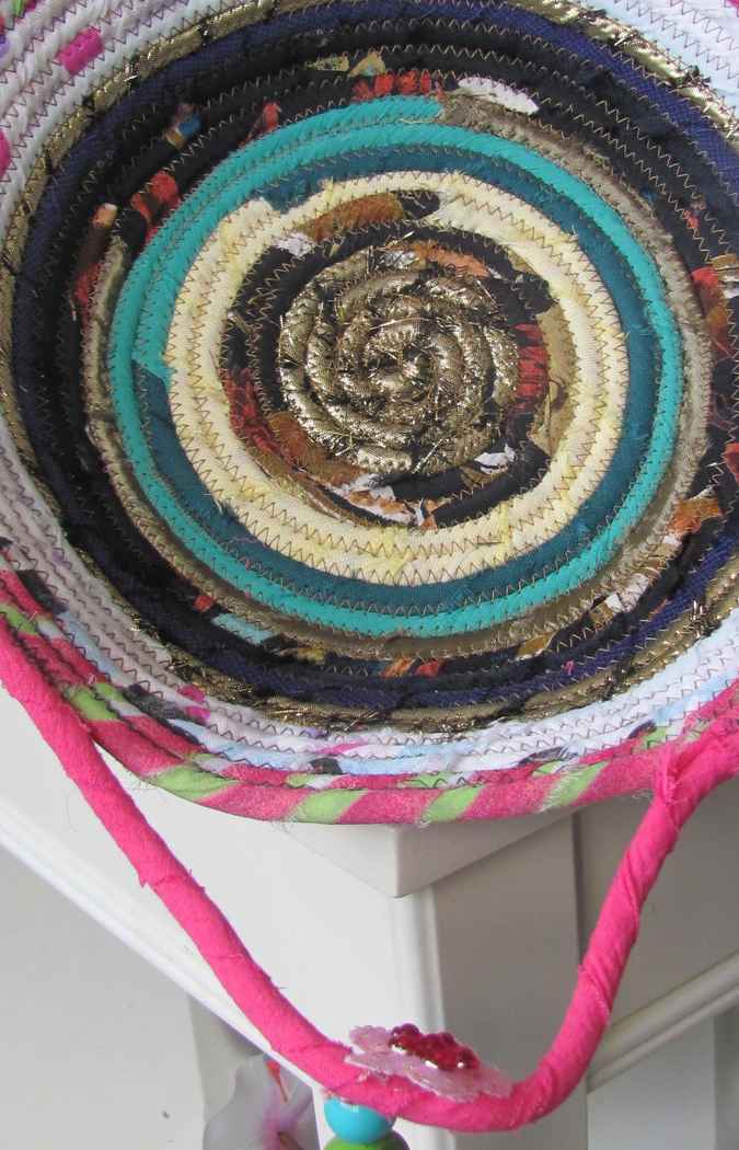 large image of art item: basket – pink white brown blue with beads and pink flowers