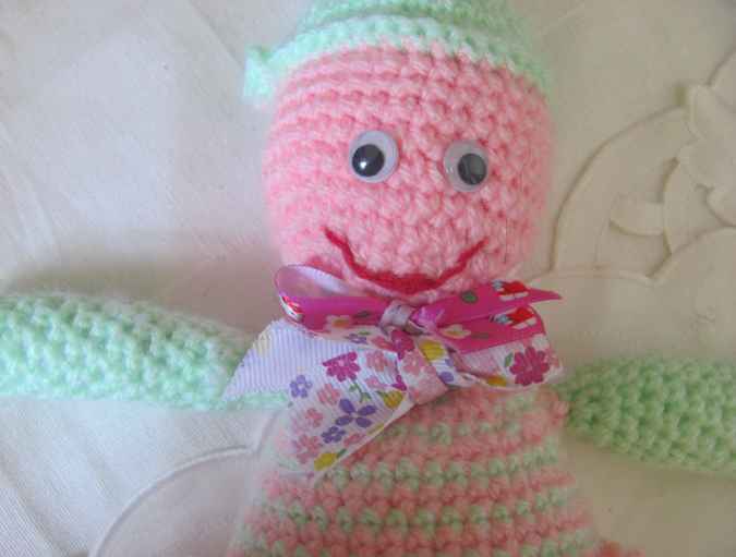 large image of art item: doll – pink green doll crochet