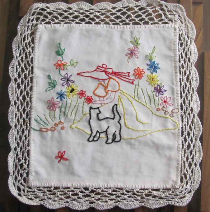 large image of art item: decor – needlework woman and dog