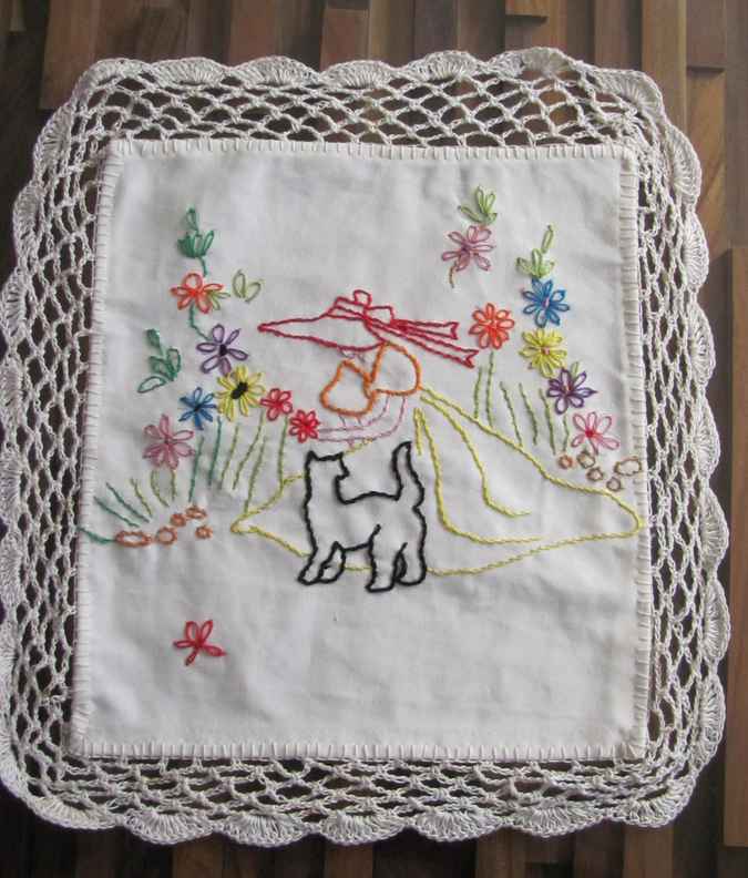 large image of art item: decor – needlework woman and dog