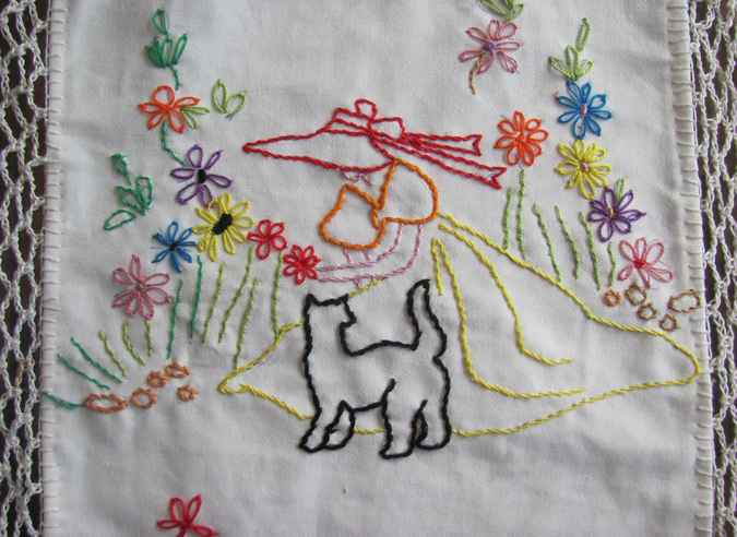 large image of art item: decor – needlework woman and dog